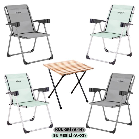 4 Adet Katlanır Kamp Sandalyesi ve Masa Seti - Rock - Kül Gri / Su Yeşili - Bardaklıklı - 140 KG