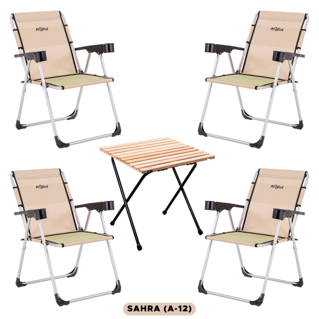 4 Adet Katlanır Kamp Sandalyesi ve Masa Seti - Rock - Sahra - Bardaklıklı - 140 KG