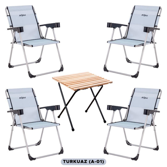 4 Adet Katlanır Kamp Sandalyesi ve Masa Seti - Rock - Turkuaz - Bardaklıklı - 140 KG