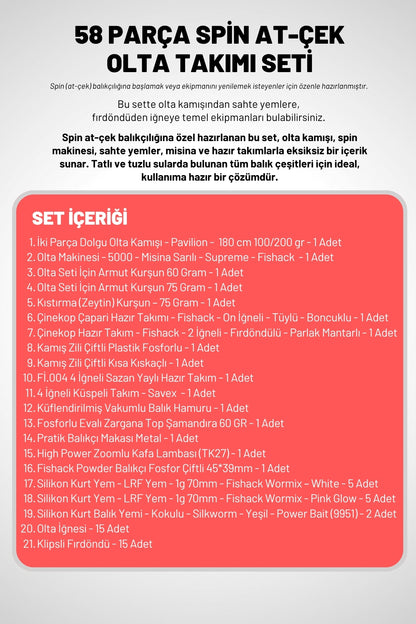 58 Parça Spin, Tekne, Kıyı Olta Takımı Seti - 180cm Krm 100-200G - 50'lik Makine