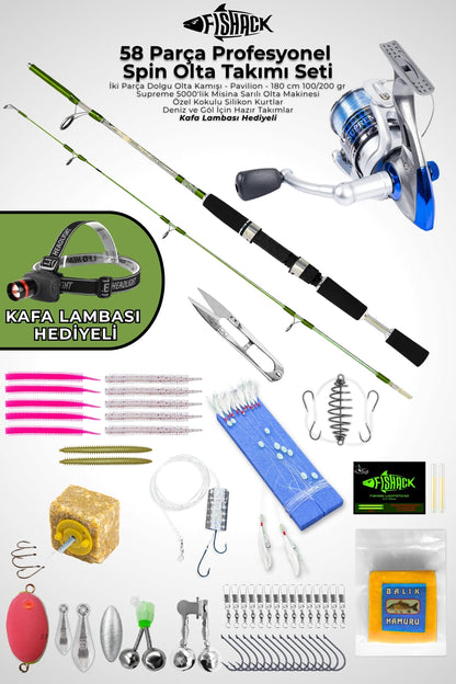 58 Parça Spin, Tekne, Kıyı Olta Takımı Seti - 180cm Yşl 100-200G - 50'lik Makine