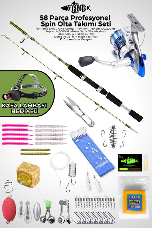 58 Parça Spin, Tekne, Kıyı Olta Takımı Seti - 180cm Yşl 100-200G - 50'lik Makine