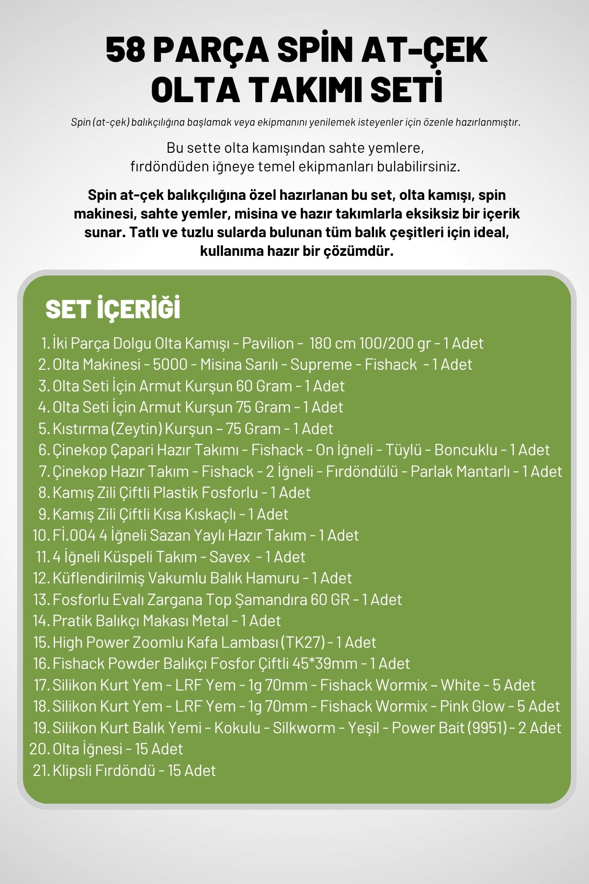 58 Parça Spin, Tekne, Kıyı Olta Takımı Seti - 180cm Yşl 100-200G - 50'lik Makine