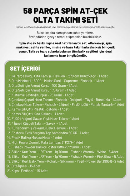58 Parça Spin, Tekne, Kıyı Olta Takımı Seti - 270cm Yşl 100-250G - 60'lık Makine