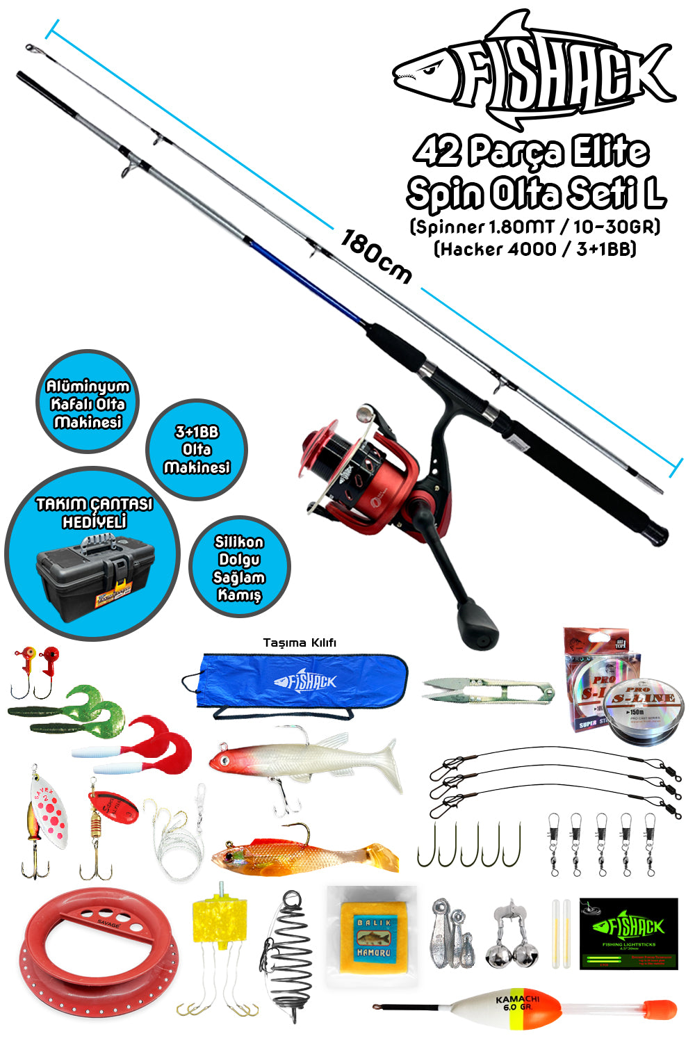Fishack 42 Parça Elite Spin At-Çek Deniz ve Göl Olta Seti L - 1.80MT / 10-30GR