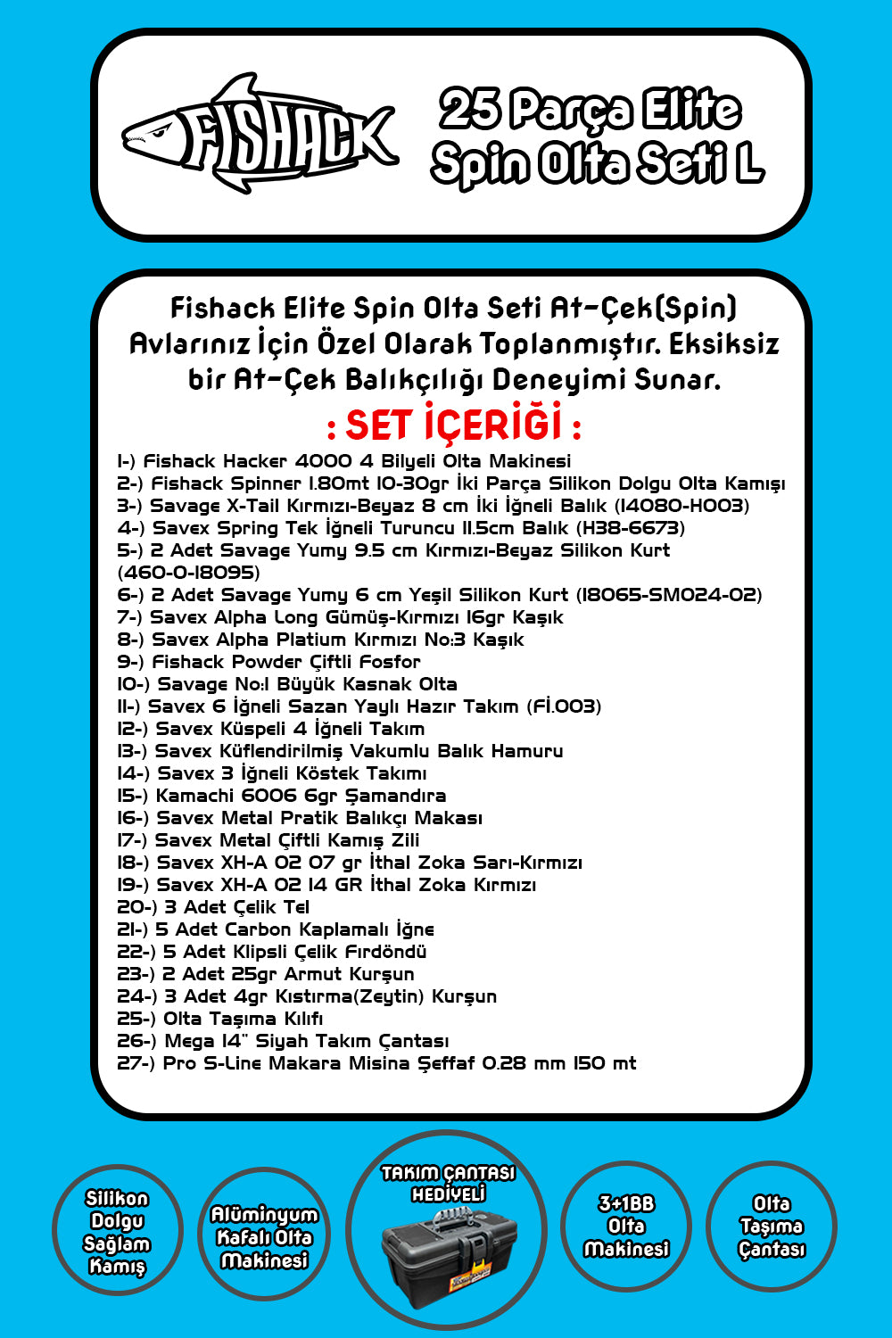 Fishack 42 Parça Elite Spin At-Çek Deniz ve Göl Olta Seti L - 1.80MT / 10-30GR