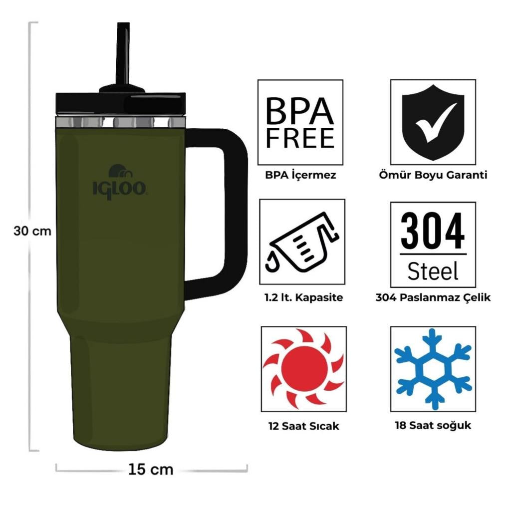 Çelik Mug Termos - Igloo - Stadler - 1.2 lt - Haki/Siyah - 205787