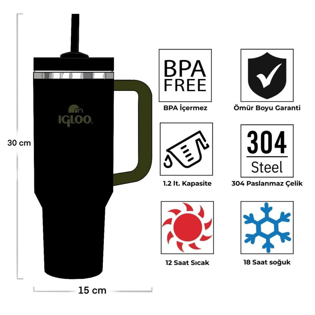 Çelik Mug Termos - Igloo - Stadler - 1.2 lt - Siyah/Haki - 205787