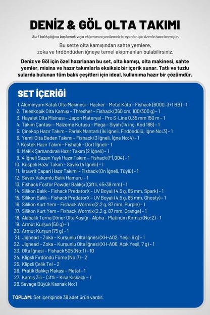 Deniz Ve Göl Profesyonel Olta Takımı Seti (Metal 6000'lik Makine + 360cm 100-300g Atarlı Kamış)