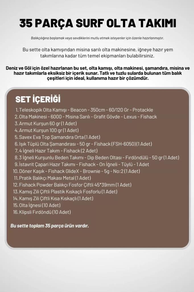 Deniz Ve Göl Surf Olta Takımı Seti 350cm Kamış 60/120gr / 60'lık Makine (Kahve)