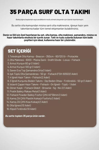 Deniz Ve Göl Surf Olta Takımı Seti 350cm Kamış 60/120gr / 60'lık Makine (Kahve)