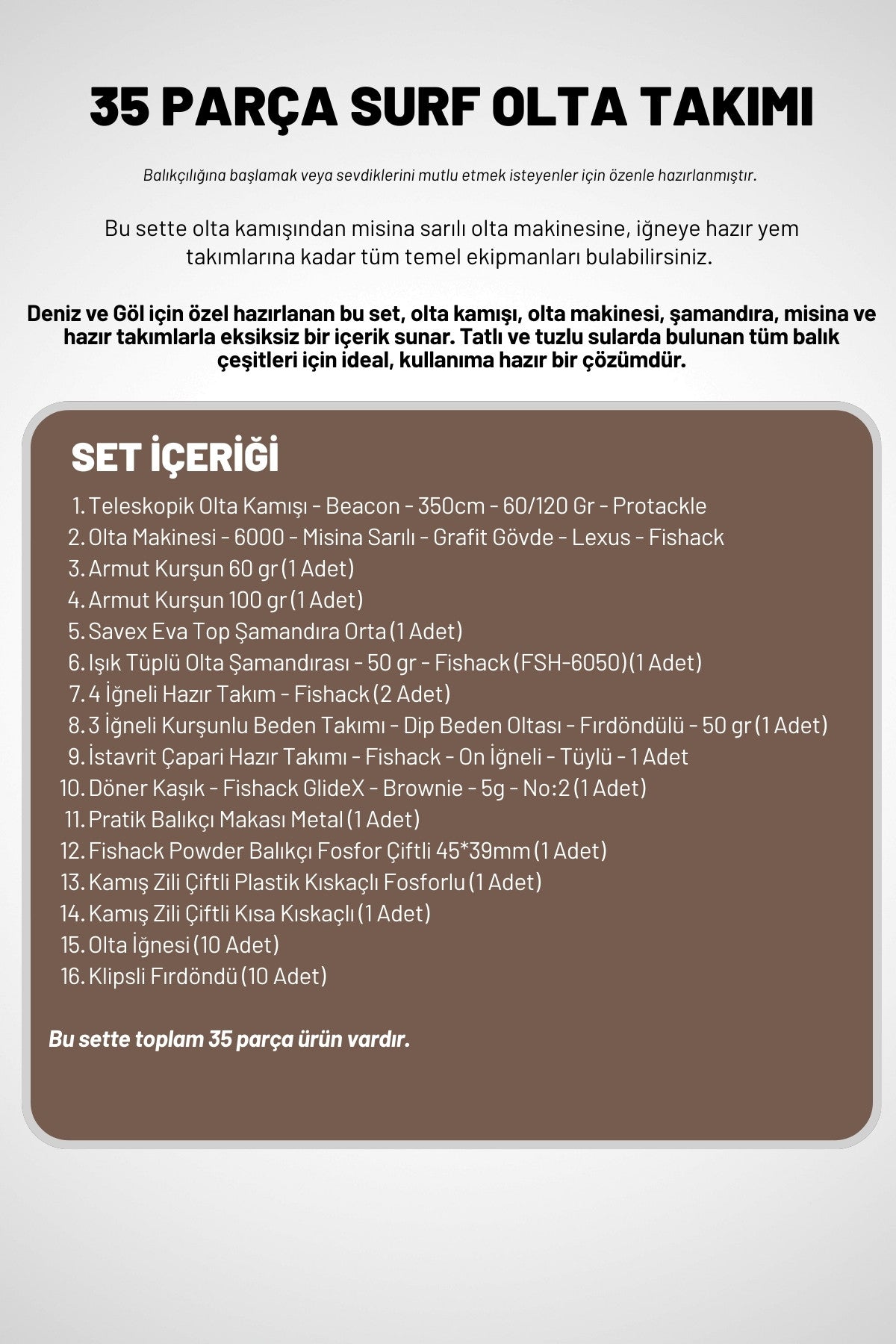 Deniz Ve Göl Surf Olta Takımı Seti 350cm Kamış 60/120gr / 60'lık Makine (Kahve)
