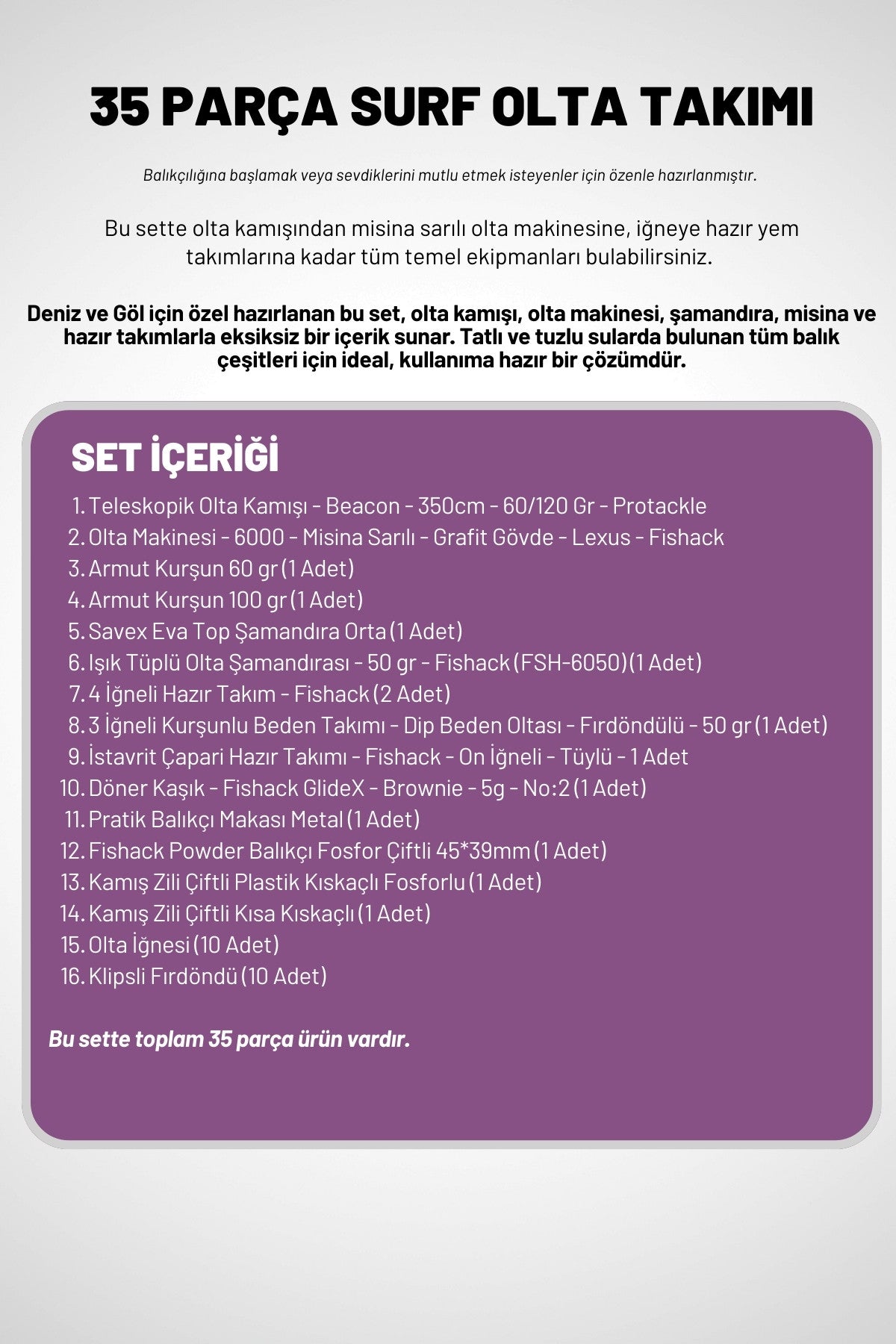 Deniz Ve Göl Surf Olta Takımı Seti 350cm Kamış 60/120gr / 60'lık Makine (Mor)