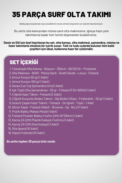 Deniz Ve Göl Surf Olta Takımı Seti 350cm Kamış 60/120gr / 60'lık Makine (Mor)
