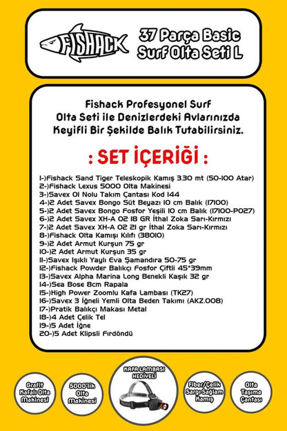 Fishack 37 Parça Surf Basic Deniz Olta Seti L - 3.30MT / 50-100GR