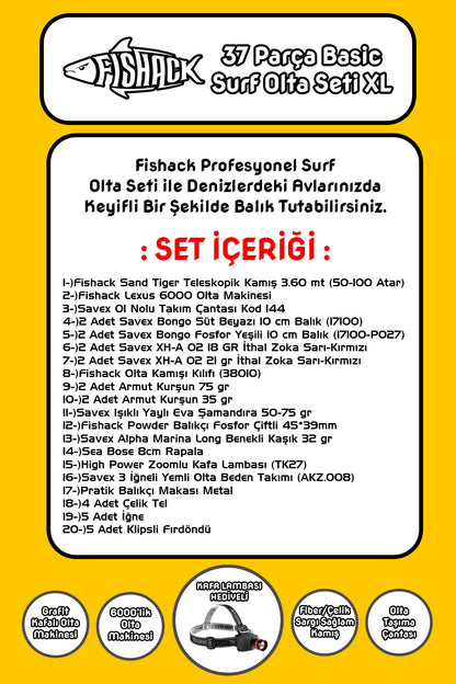 Fishack 37 Parça Surf Basic Deniz Olta Seti XL - 3.60MT / 50-100GR