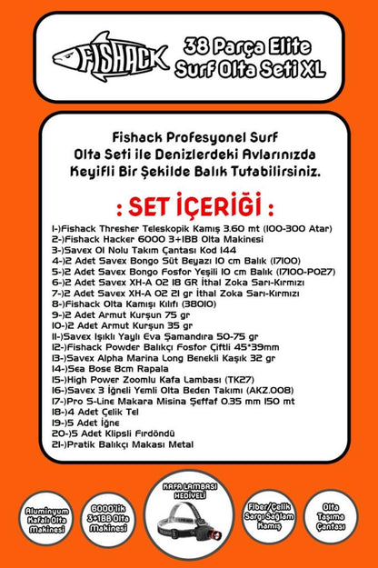 Fishack 38 Parça Surf Elite Deniz Olta Seti XL - 3.60MT / 100-300GR