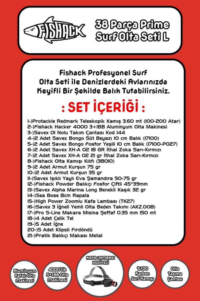 Fishack 38 Parça Surf Prime Deniz Olta Seti L - 3.60MT / 100-200GR