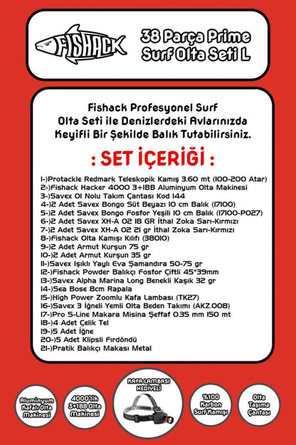 Fishack 38 Parça Surf Prime Deniz Olta Seti L - 3.60MT / 100-200GR