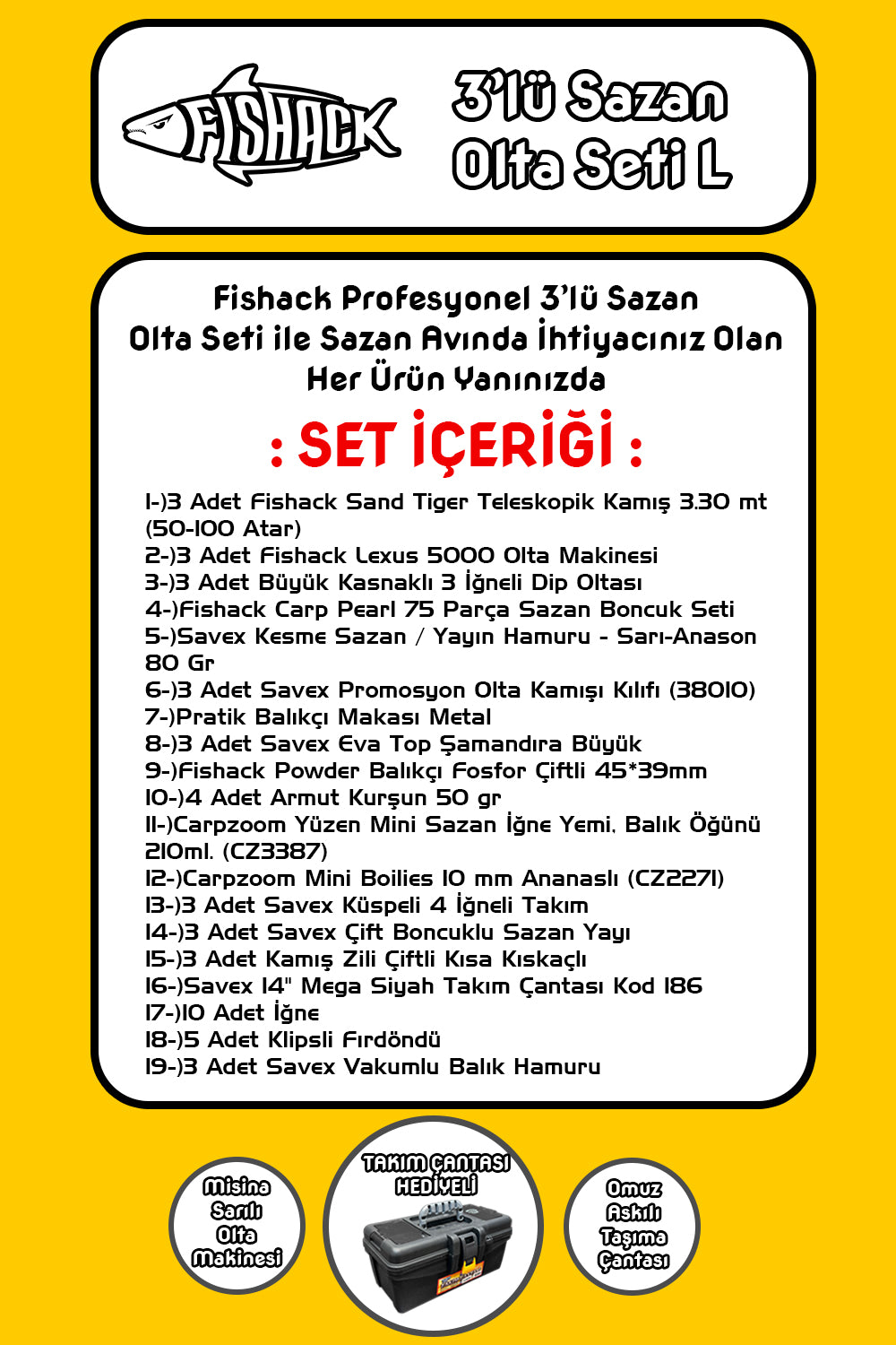 Full Set Profesyonel 3'lü Sazan Olta Seti - L - Kırılmaz Kamış - 3.30M/50-100G