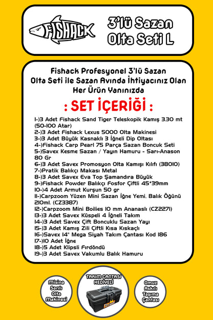 Full Set Profesyonel 3'lü Sazan Olta Seti - L - Kırılmaz Kamış - 3.30M/50-100G
