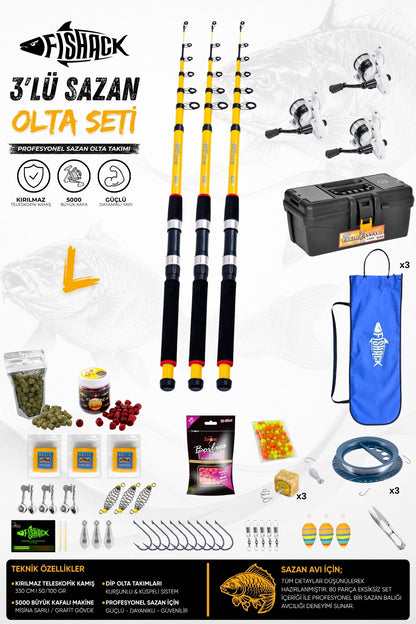 Full Set Profesyonel 3'lü Sazan Olta Seti - L - Kırılmaz Kamış - 3.30M/50-100G