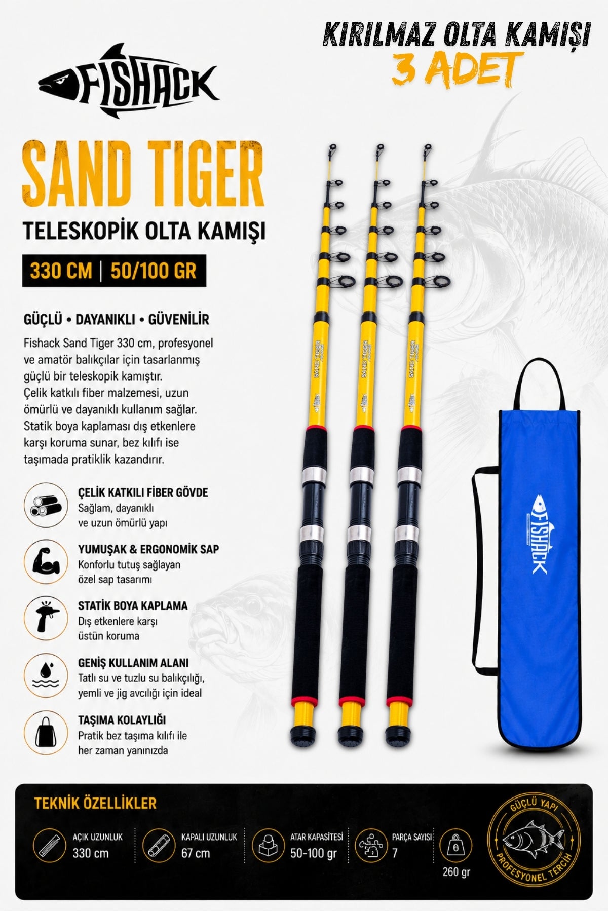 Full Set Profesyonel 3'lü Sazan Olta Seti - L - Kırılmaz Kamış - 3.30M/50-100G