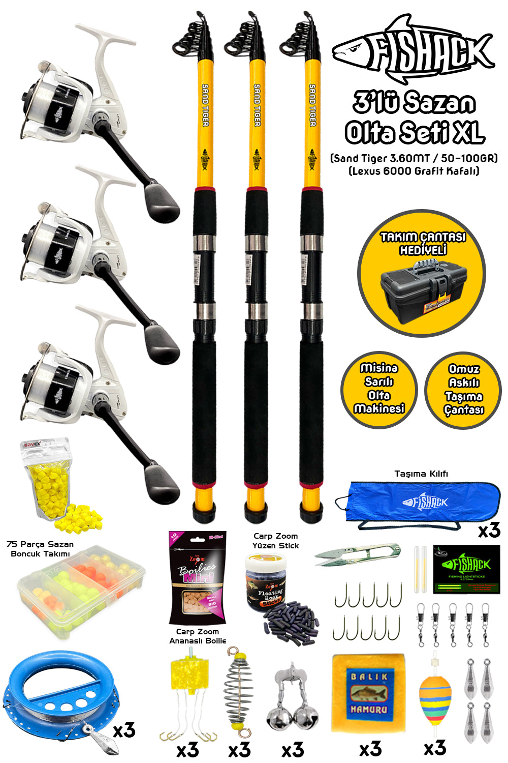 Full Set Profesyonel 3'lü Sazan Olta Seti - XL - Kırılmaz Kamış - 3.60M/50-100G