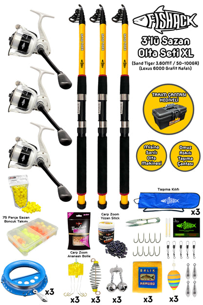 Full Set Profesyonel 3'lü Sazan Olta Seti - XL - Kırılmaz Kamış - 3.60M/50-100G
