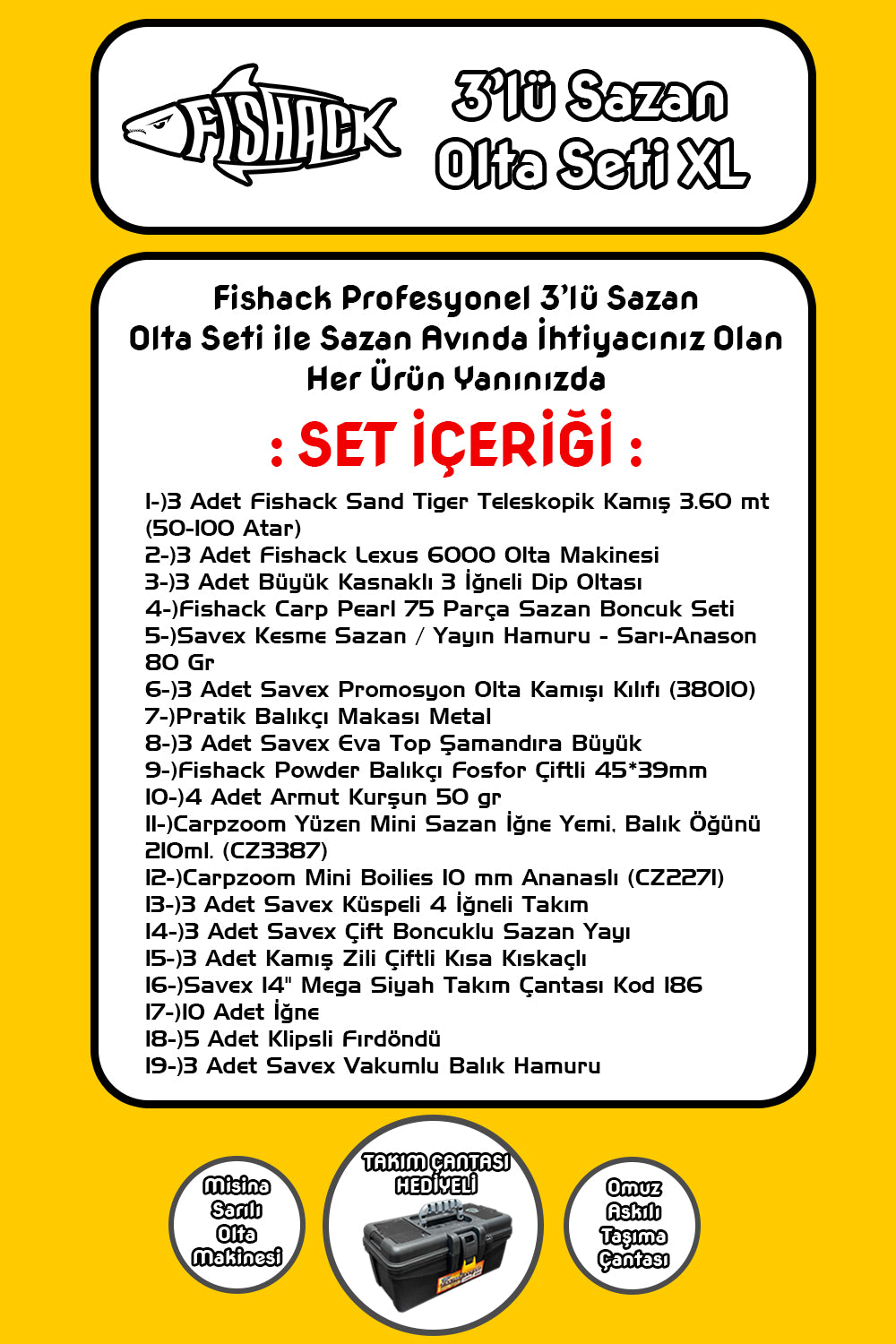 Full Set Profesyonel 3'lü Sazan Olta Seti - XL - Kırılmaz Kamış - 3.60M/50-100G