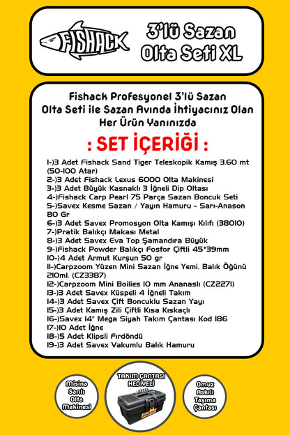 Full Set Profesyonel 3'lü Sazan Olta Seti - XL - Kırılmaz Kamış - 3.60M/50-100G