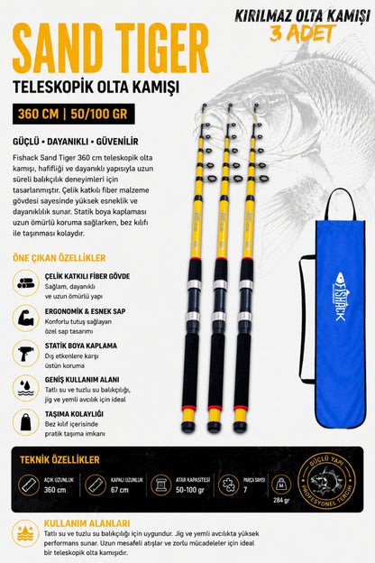 Full Set Profesyonel 3'lü Sazan Olta Seti - XL - Kırılmaz Kamış - 3.60M/50-100G