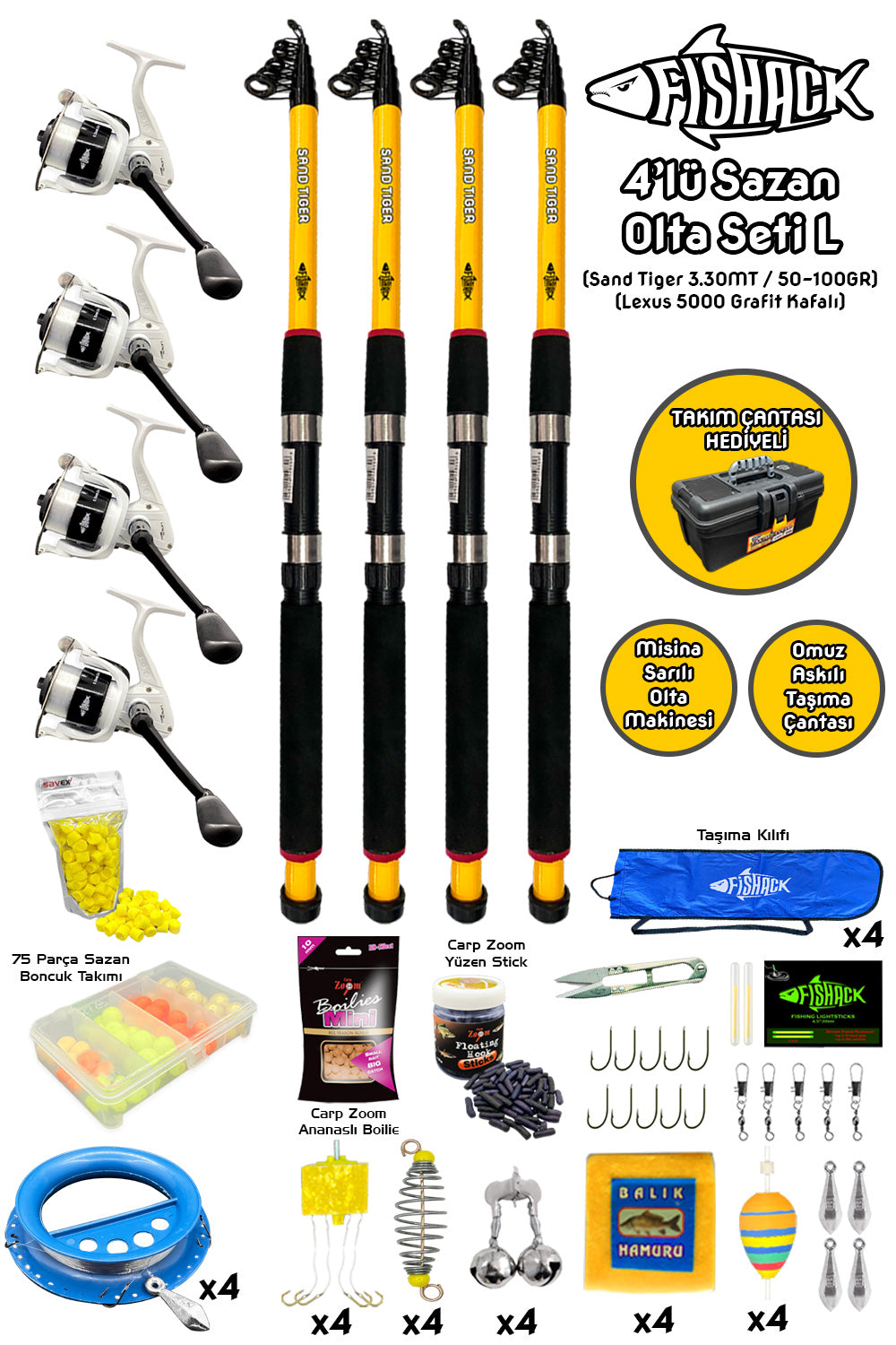 Full Set Profesyonel 4'lü Sazan Olta Seti - L - Kırılmaz Kamış - 3.30M/50-100G