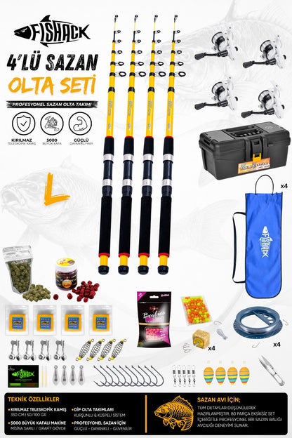 Full Set Profesyonel 4'lü Sazan Olta Seti - L - Kırılmaz Kamış - 3.30M/50-100G
