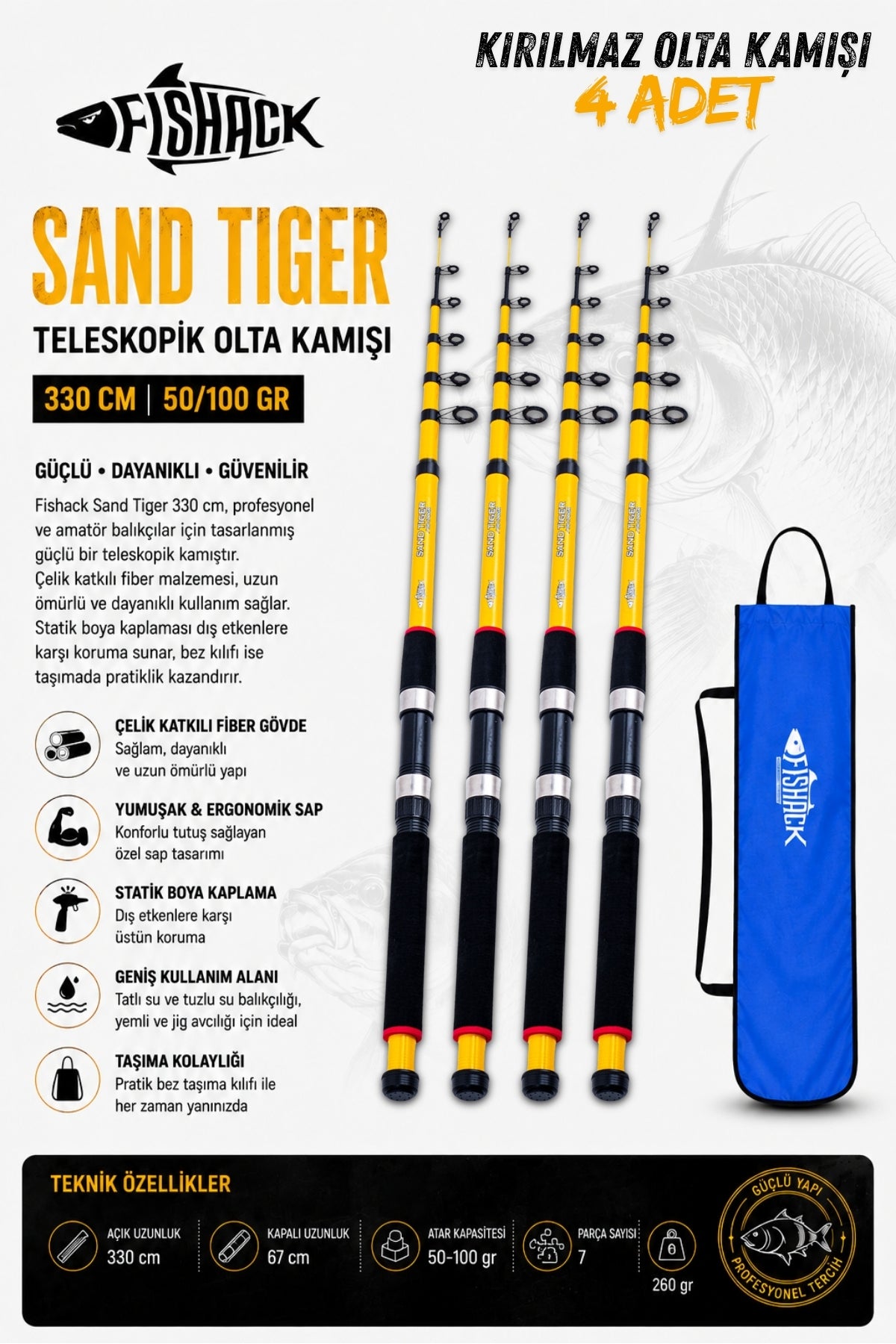 Full Set Profesyonel 4'lü Sazan Olta Seti - L - Kırılmaz Kamış - 3.30M/50-100G