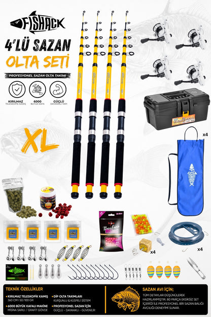 Full Set Profesyonel 4'lü Sazan Olta Seti - XL - Kırılmaz Kamış - 3.60M/50-100G