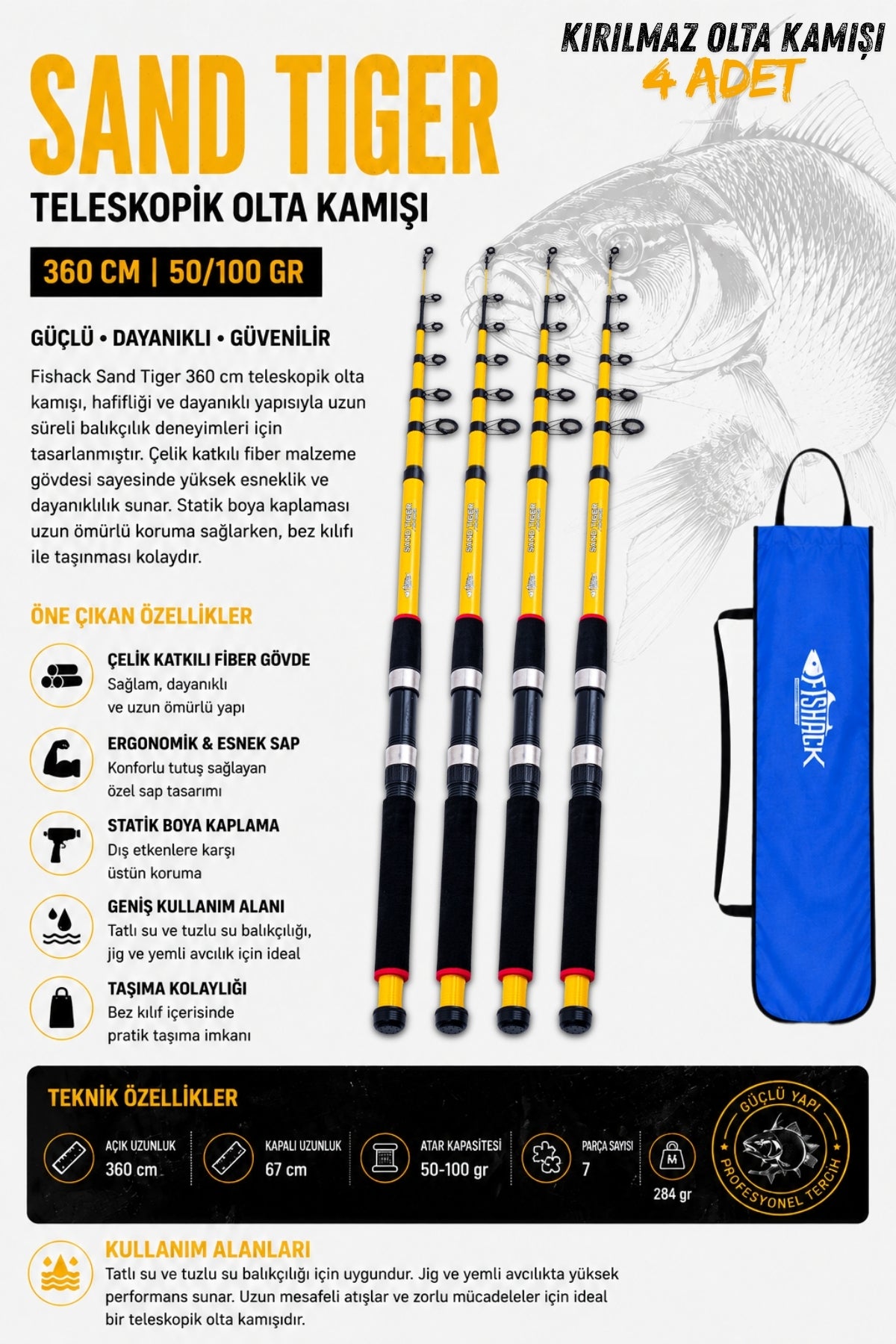 Full Set Profesyonel 4'lü Sazan Olta Seti - XL - Kırılmaz Kamış - 3.60M/50-100G