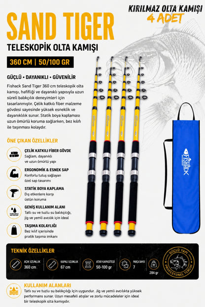 Full Set Profesyonel 4'lü Sazan Olta Seti - XL - Kırılmaz Kamış - 3.60M/50-100G