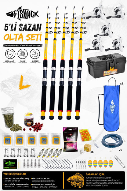 Full Set Profesyonel 5'li Sazan Olta Seti - L - Kırılmaz Kamış - 3.30M/50-100G