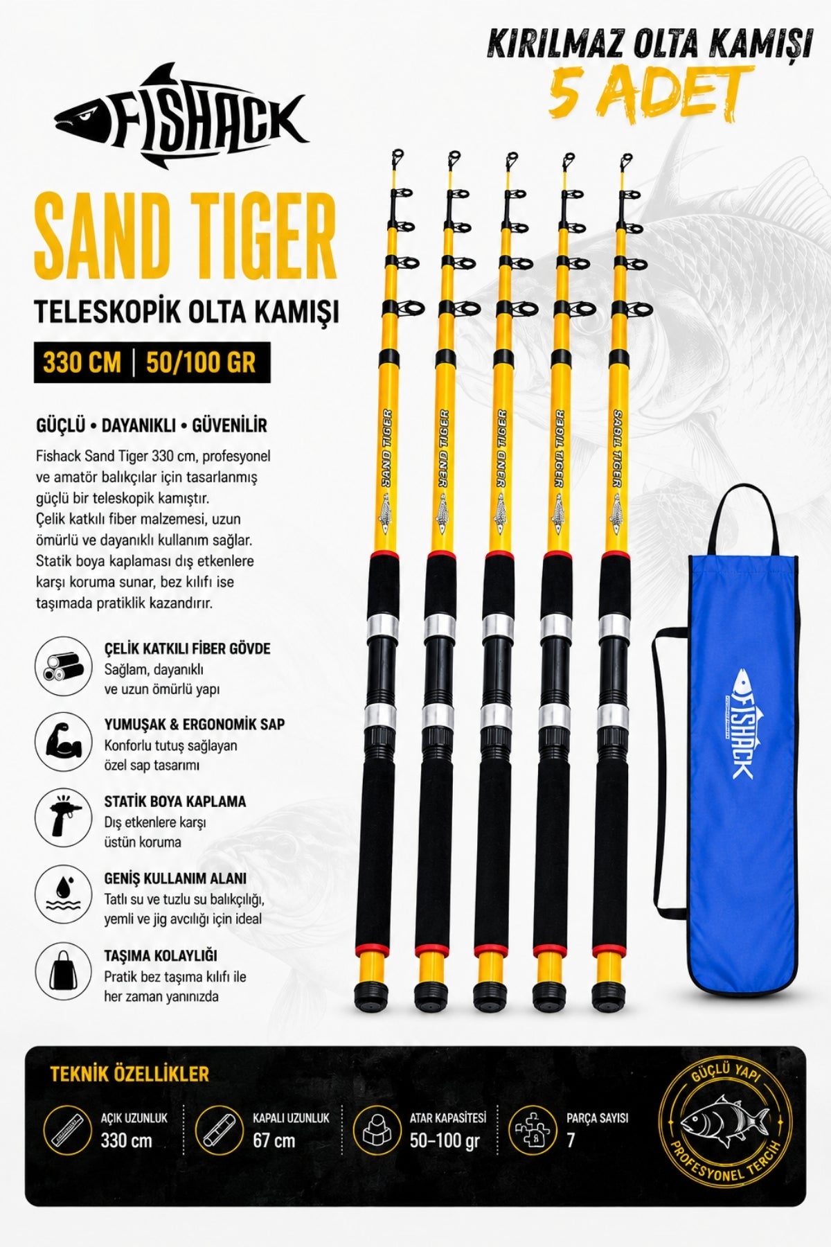 Full Set Profesyonel 5'li Sazan Olta Seti - L - Kırılmaz Kamış - 3.30M/50-100G