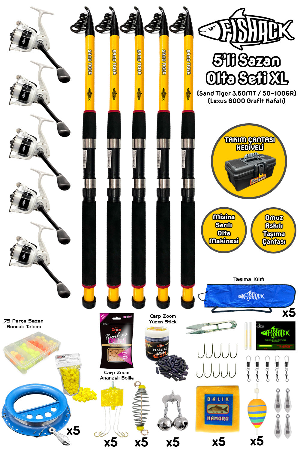 Full Set Profesyonel 5'li Sazan Olta Seti - XL - Kırılmaz Kamış - 3.60M/50-100G