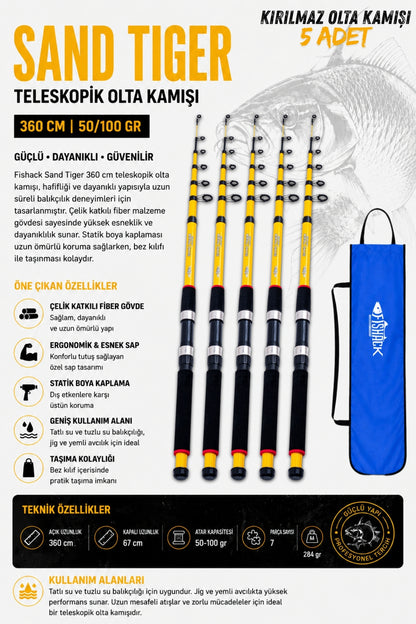 Full Set Profesyonel 5'li Sazan Olta Seti - XL - Kırılmaz Kamış - 3.60M/50-100G