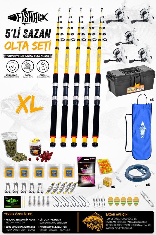 Full Set Profesyonel 5'li Sazan Olta Seti - XL - Kırılmaz Kamış - 3.60M/50-GR