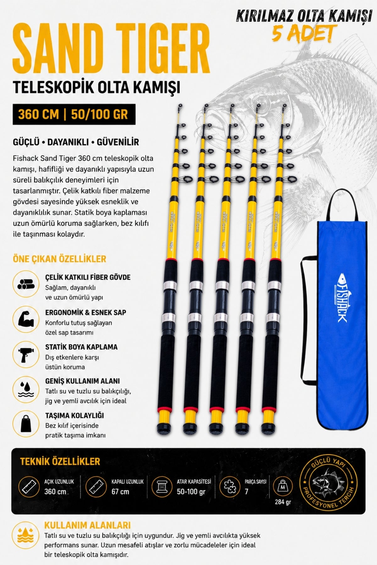 Full Set Profesyonel 5'li Sazan Olta Seti - XL - Kırılmaz Kamış - 3.60M/50-GR