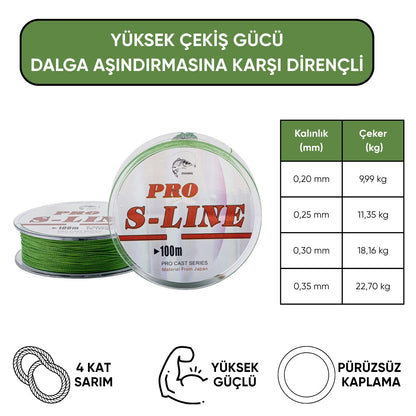 İp Örgü Misina - 4 Kat - Pro S-Line - 100mt - 0.20mm - 9,99kg Çeker