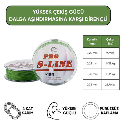 İp Örgü Misina - 4 Kat - Pro S-Line - 100mt - 0.30mm - 18,16kg Çeker