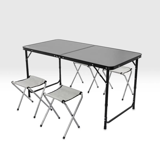 Katlanabilir Kamp Masası Seti - 4/6 Kişilik - 4 Tabureli - Elevate Plus - Siyah