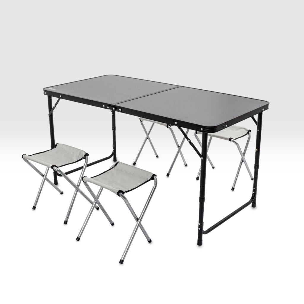 Katlanabilir Kamp Masası Seti - 4/6 Kişilik - 4 Tabureli - Elevate Plus - Siyah