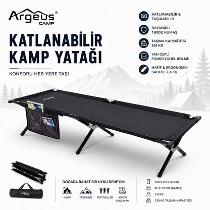 Katlanır Kamp Yatağı Kampet - Taşıma Çantalı - 150KG Taşıma - Siyah