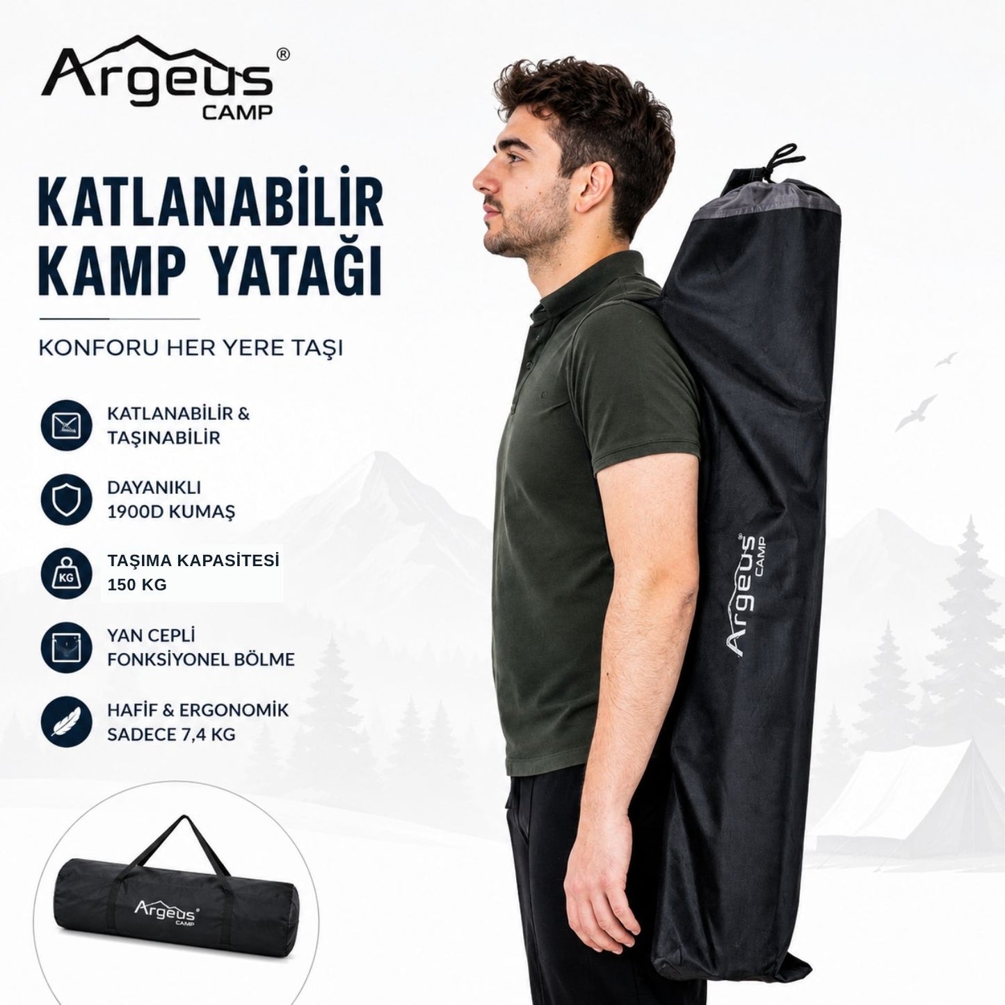 Katlanır Kamp Yatağı Kampet - Taşıma Çantalı - 150KG Taşıma - Siyah